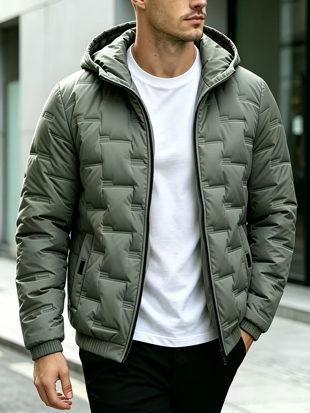 Men's Solid Color Hooded Jacket, Fashionable and Warm Winter Outerwear, Slim Fit Jacket, Simple and Trendy Design - Green