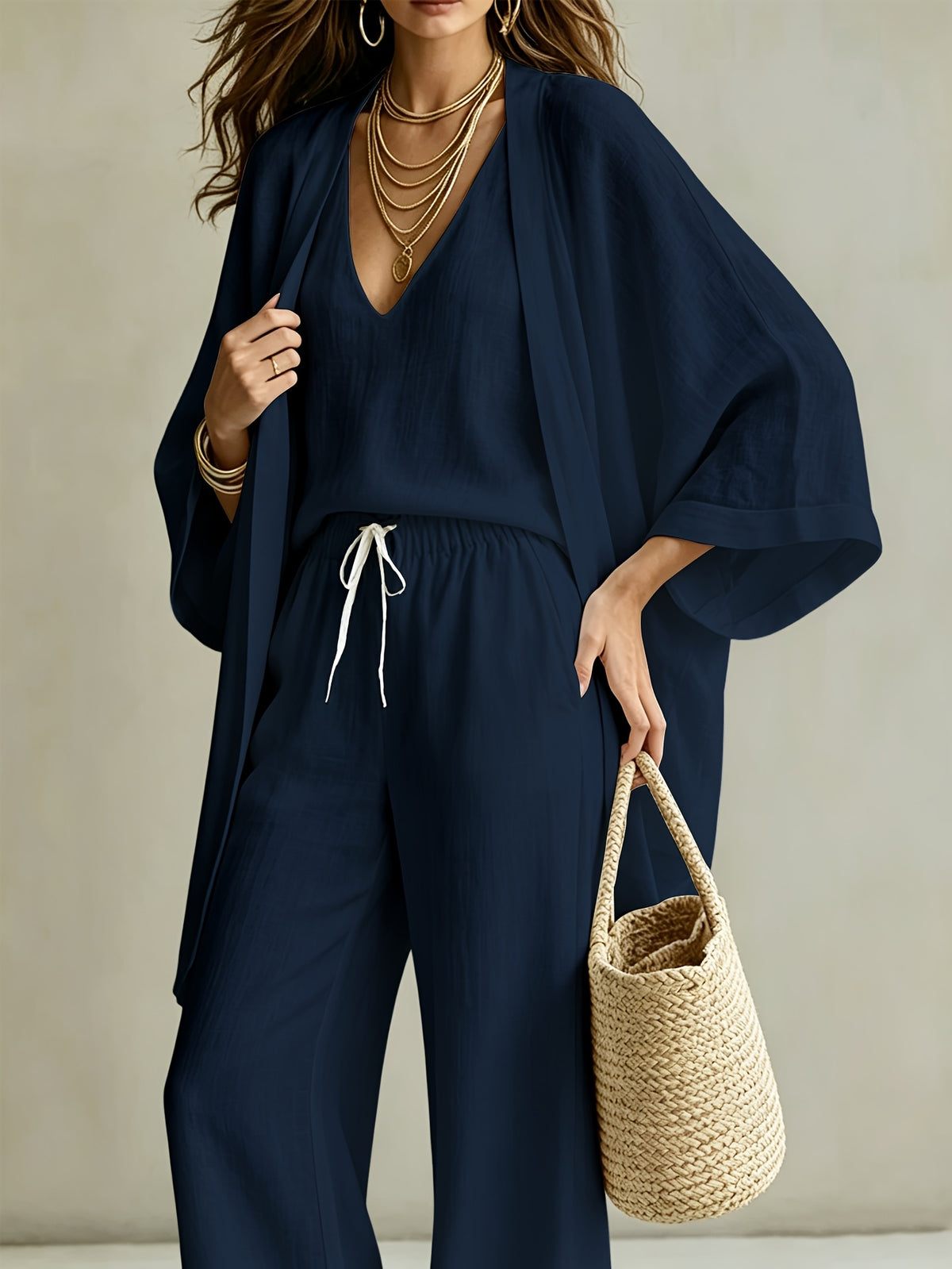 3pcs Set, Women's Spring/summer Vacation-style Loose Spaghetti Strap Tank Top with Cardigan and Loose Wide-leg Pants Casual Set, Elegant and Fashionable, Comfortable and Casual, Suitable for Commuting Wear - Navy Blue