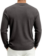 Men's Spring Fall Heavyweight Ribbed Henley Shirt, American Retro Casual Long Sleeve Top, Breathable Loose Commute Henley Neck Tee - Grey