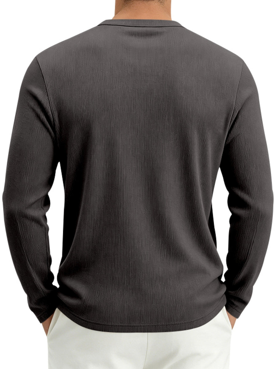 Men's Spring Fall Heavyweight Ribbed Henley Shirt, American Retro Casual Long Sleeve Top, Breathable Loose Commute Henley Neck Tee - Grey