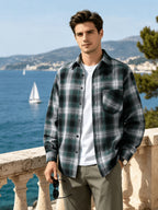 Men'S Retro Plaid Long Sleeve Shirt, Casual Loose Fit Button, Breathable Fabric, Perfect for Daily Wear, Vacation, Office And Streetwear Style - Green Grid