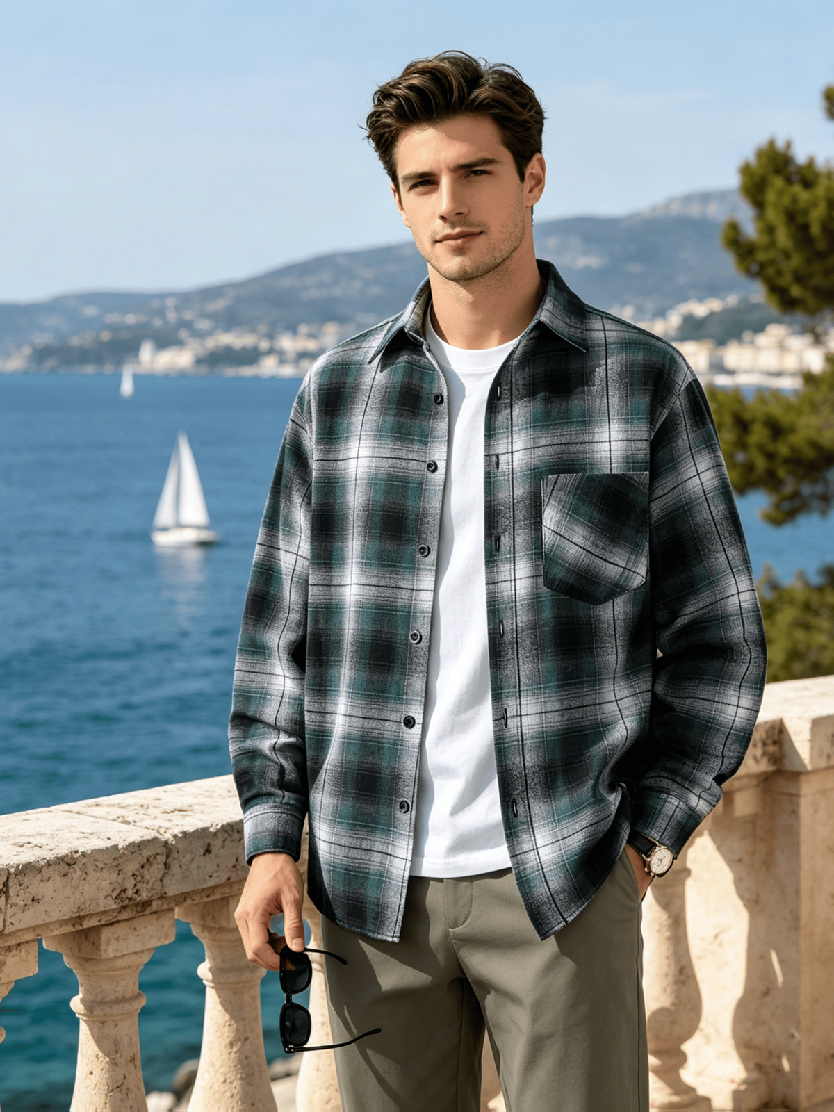 Men'S Retro Plaid Long Sleeve Shirt, Casual Loose Fit Button, Breathable Fabric, Perfect for Daily Wear, Vacation, Office And Streetwear Style - Green Grid