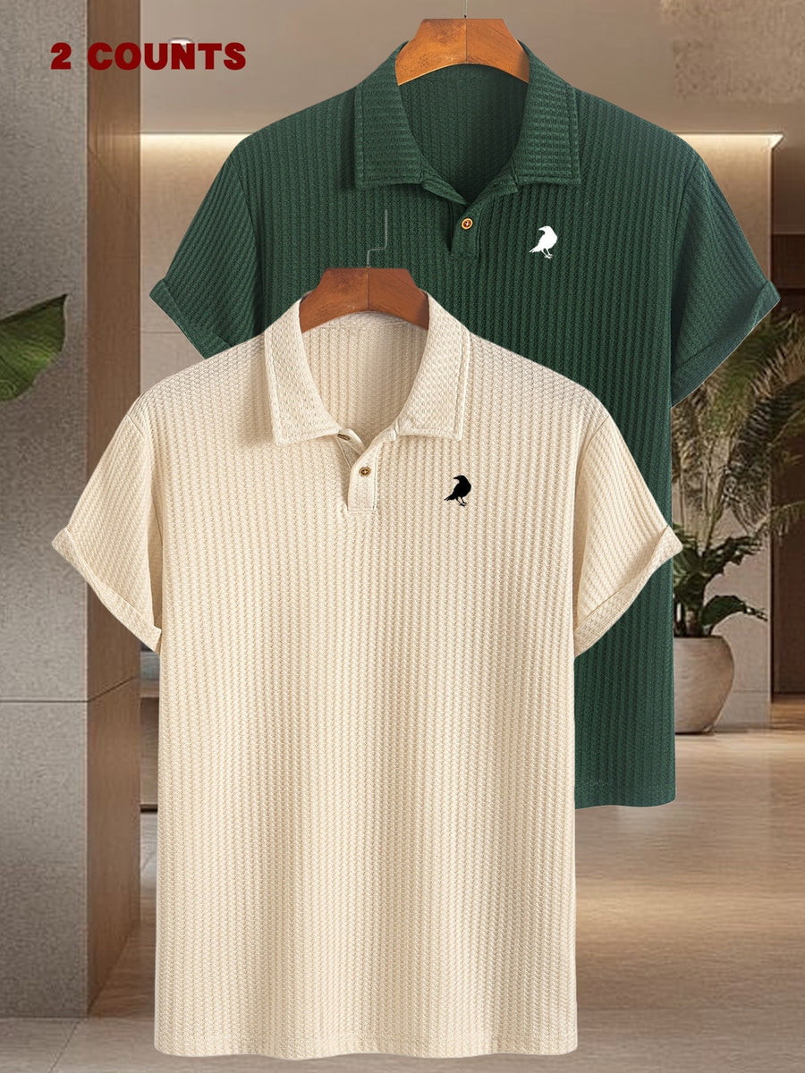 2pcs Set Summer Men'S Textured Jacquard Short Sleeve POLO Shirts | Comfortable Casual Soft Knit Lapel Collar, Ideal for Daily Business Wear - Khaki + dark green