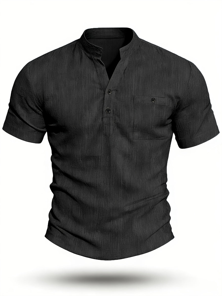 Henley Shirt Men's High-Quality Summer Short-Sleeve Henley T-Shirt - Men's Top, Old Money Style, Suitable for Golf Attire, Outdoor Camping, Fishing, and Daily Casual Wear - Black