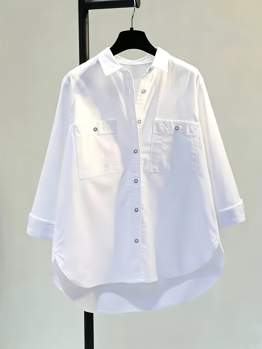 Women's Simple and Elegant Shirt Jacket, New Spring/Summer Style, Front Short Back Long, Versatile Loose Fit Casual Long Sleeve Top - White