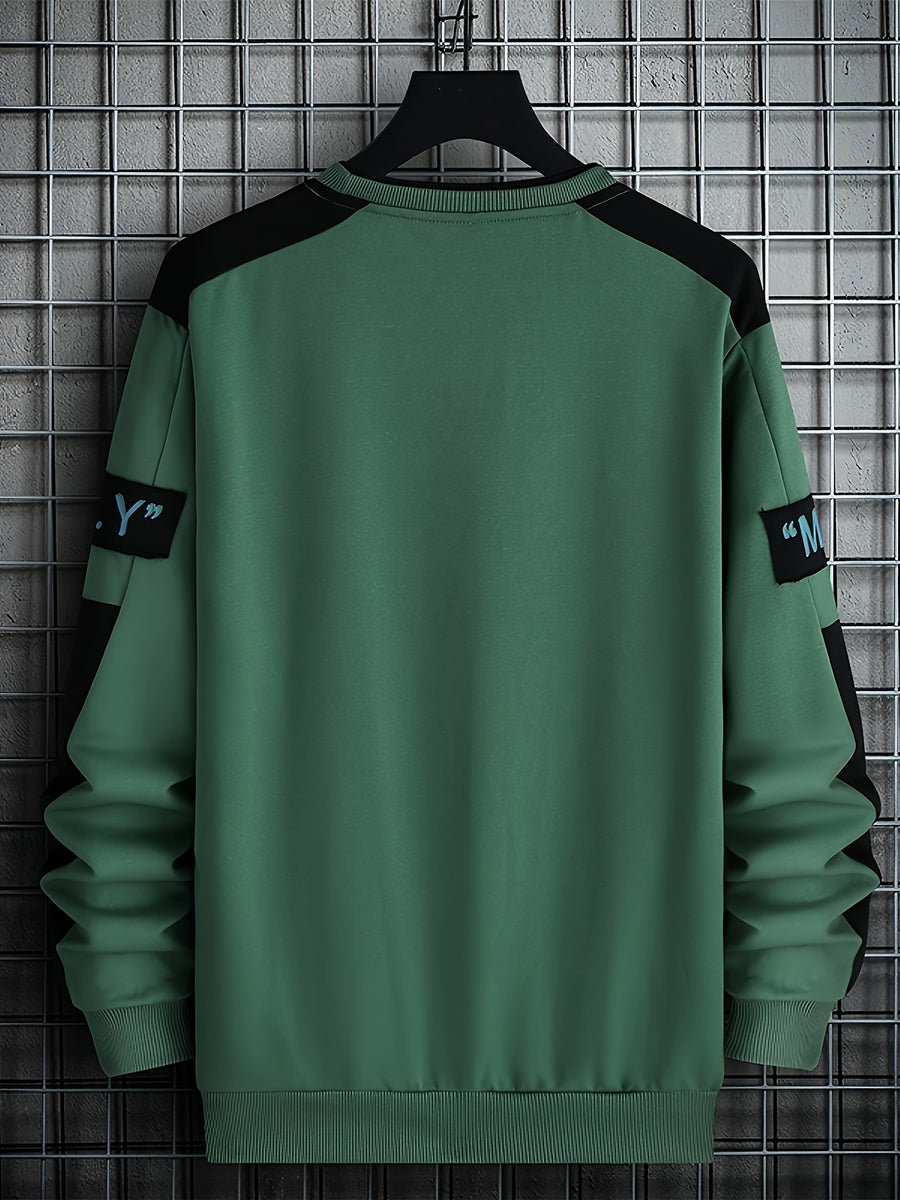 1pc Men's Casual Sportswear Top, Pullover Fashion Long Sleeve, Suitable for Spring and Autumn Outdoor Daily Running, Color-Block Letter Men's Sweatshirt - Green