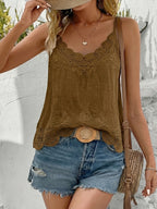 New Fashionable Women's Elegant Embroidered Hollow-Out Lace Camisole, Bohemian Artistic Holiday Casual Sleeveless Top, Suitable for Spring, Summer, and Autumn Outings, a Versatile Camisole Choice for Valentine's Day Dates - Dark Brown