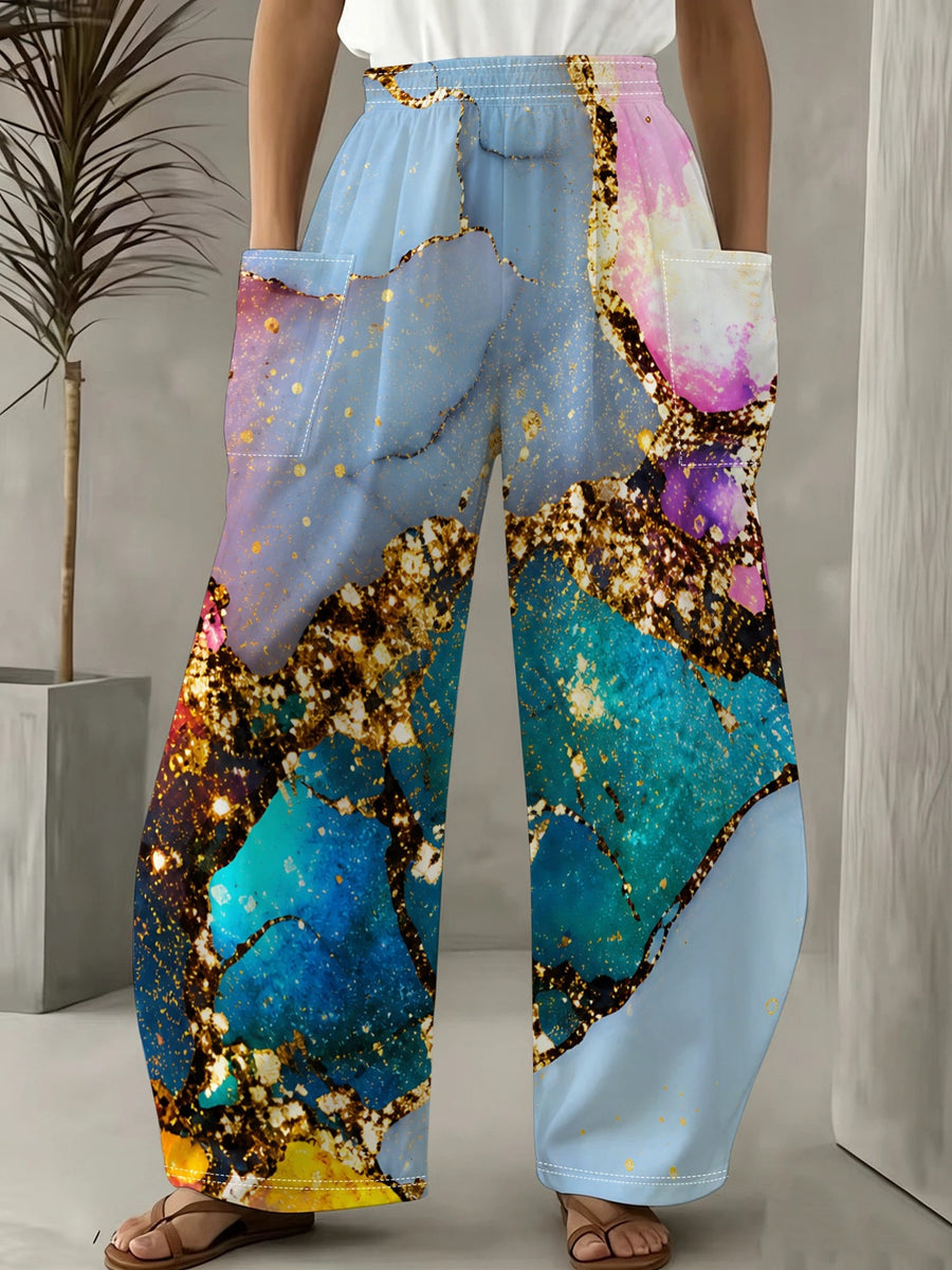 [Printed Design-Not Textured] Abstract Art Printed Women'S Long Pants, Luxurious Golden Embellishment, Flowing Color Design, Comfortable to Wear, Suitable for Daily Wear, Shopping, Parties, Adding Fashionable And Grand Style to Your Outfit - Mixed colors