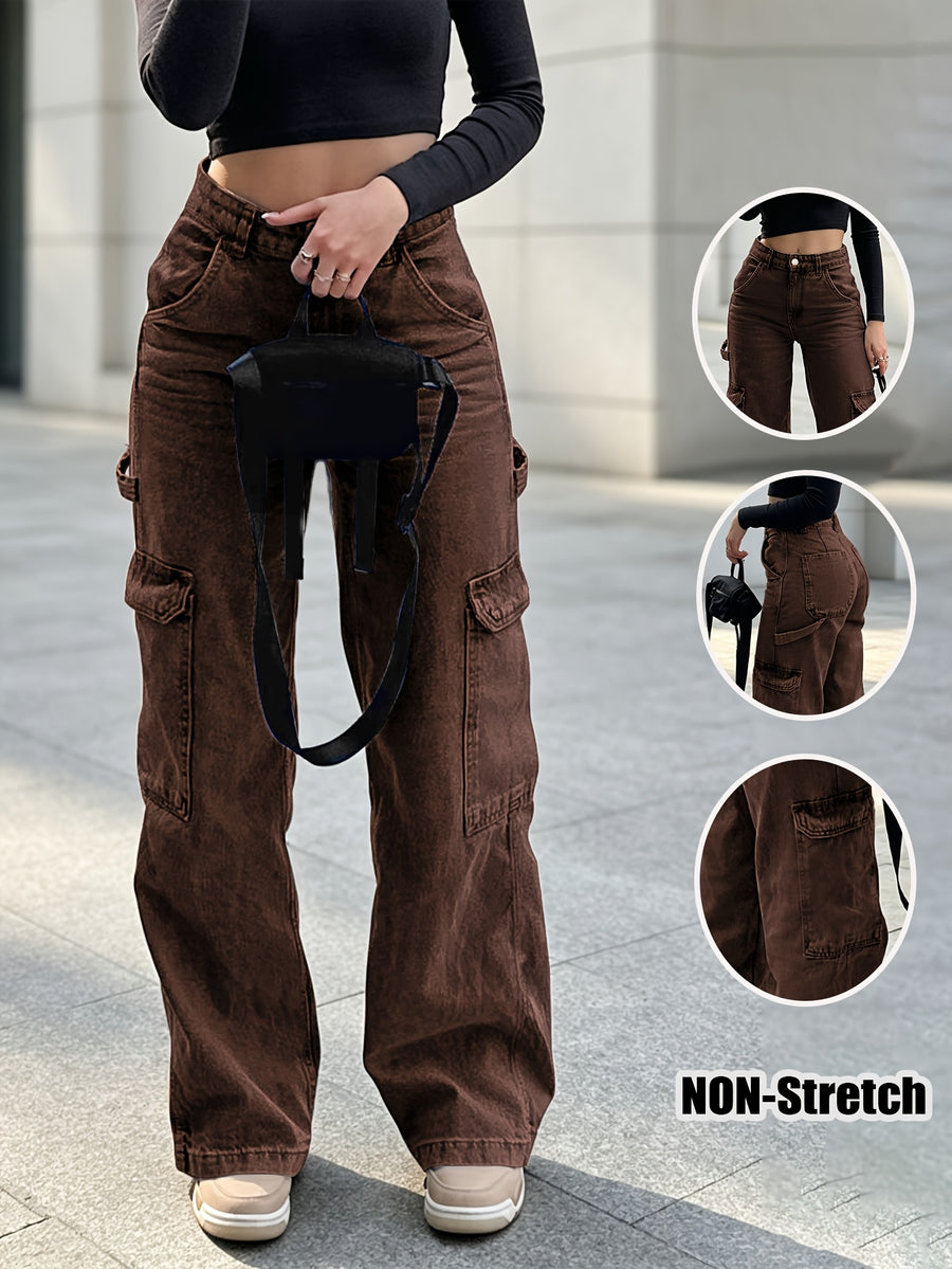 American Vintage Women'S Brown Cargo Denim Pants, High-Waist Straight Leg Trousers with Multiple Functional Pockets, Comfortable And Stylish - Dark Brown