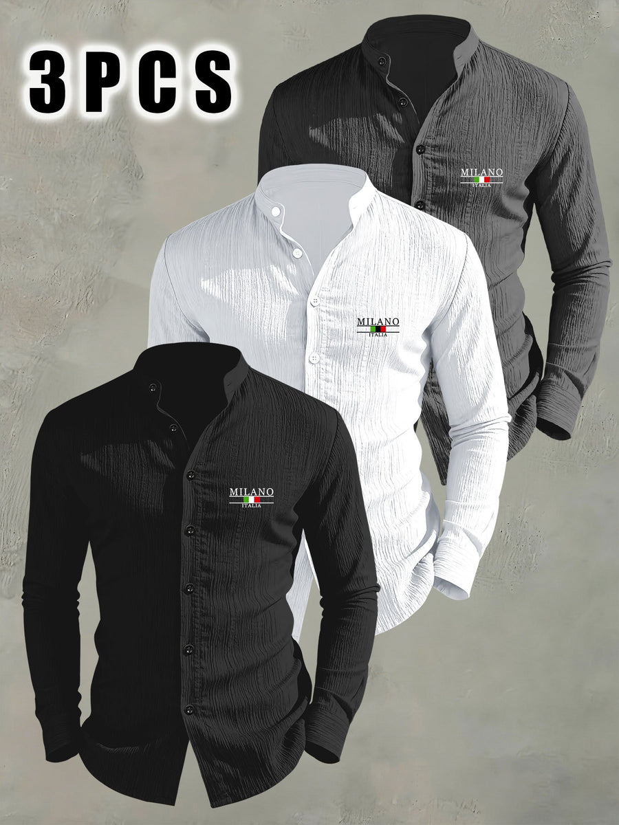 3pcs Men'S Lightweight Breathable Long Sleeve Shirts, Trendy "MILANO" Letter Flag Pattern Print - Fashionable Versatile Stand-Up Collar Comfortable Open Cardigan, Suitable for All Seasons, Beach, Outdoor, Travel Vacation, Party Daily Casual Wear - Black+white+gray