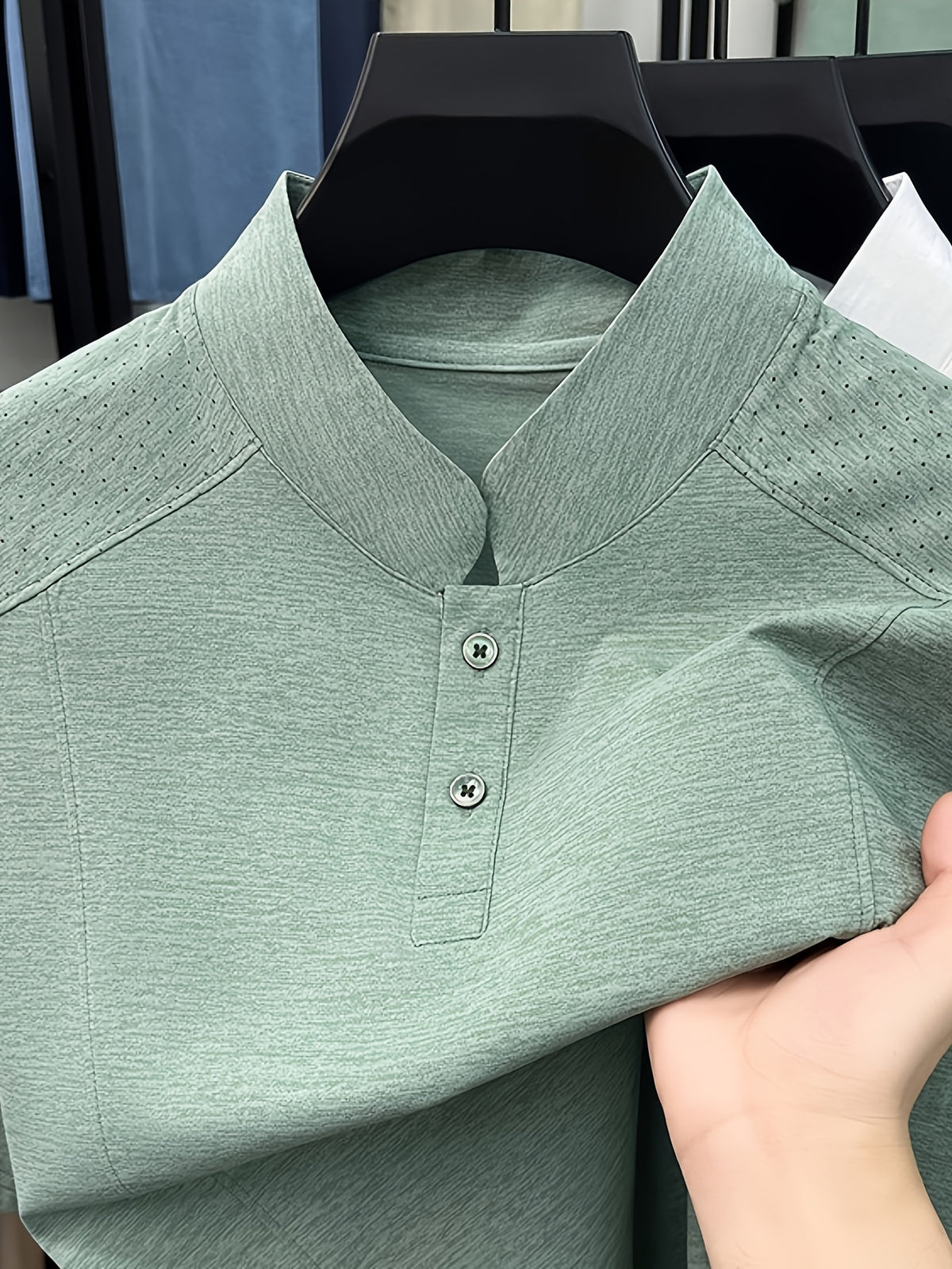 Men's Summer Short-Sleeve Stand Collar T-Shirt - Breathable Small Base Layer Shirt, Solid Color Business Casual Top Suitable for Daily Work Wear, Machine Washable & Dry Cleanable, Asymmetrical Hem - Green