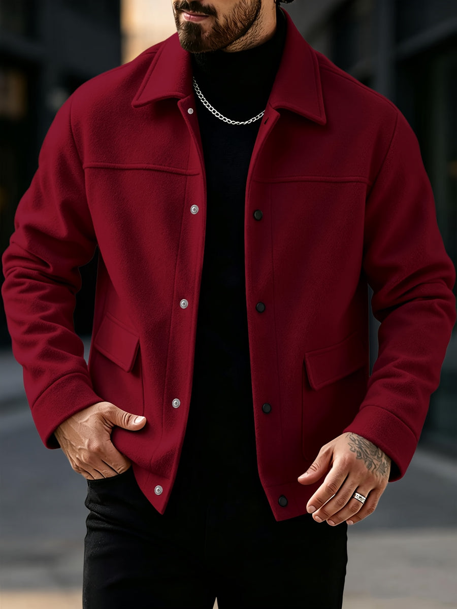 Men's New Autumn/Winter Lapel Tweed Jacket, Loose Drop-Shoulder Snap-Button Design, Multi-Pocket Workwear Style, Business Casual Versatile Outerwear Top - Burgundy