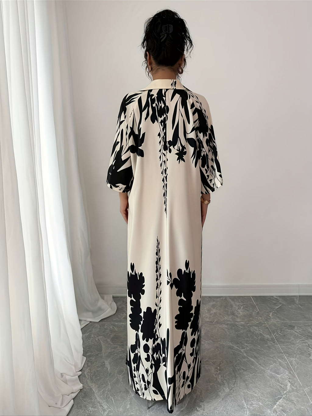 YY0402040 Summer Elegant Holiday Party Floral Print Lapel 3/4 Sleeve Slit Hem Loose Dress - apricot + black