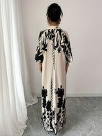 YY0402040 Summer Elegant Holiday Party Floral Print Lapel 3/4 Sleeve Slit Hem Loose Dress - apricot + black