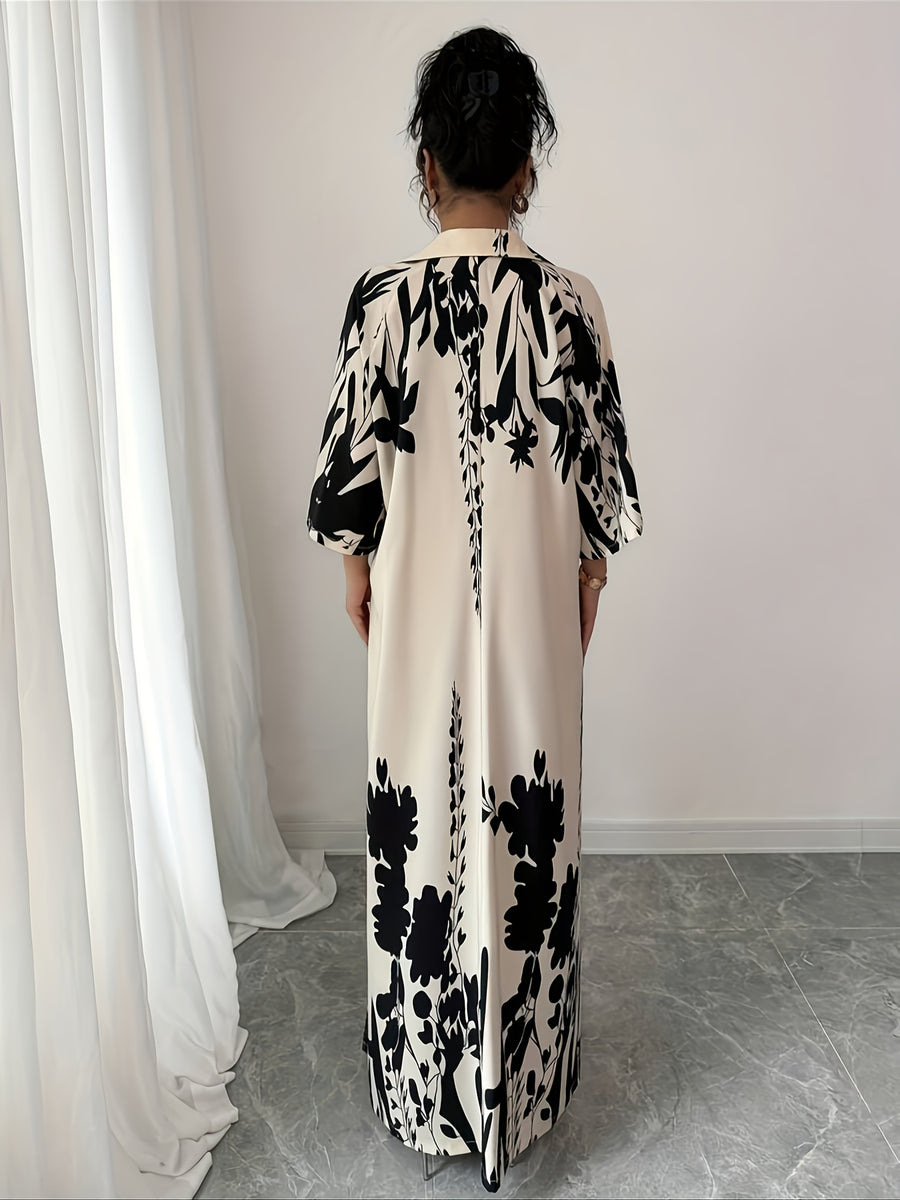 YY0402040 Summer Elegant Holiday Party Floral Print Lapel 3/4 Sleeve Slit Hem Loose Dress - apricot + black