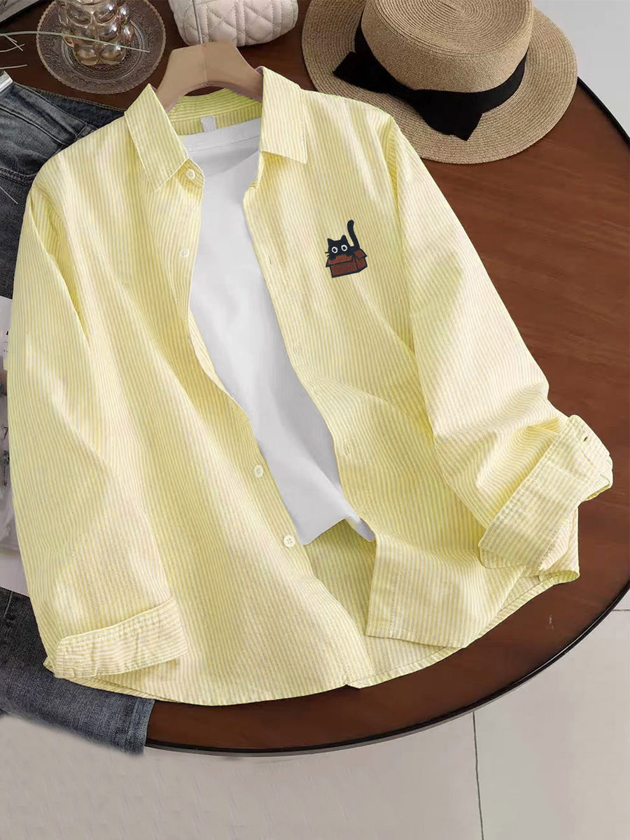 Early Spring/Autumn New Arrival Healing-Style Fashionable Niche Fun Cartoon Print Long-Sleeve Striped Loose Fit Casual Shirt - Yellow