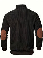 Men's Half-Zip Stand Collar Sweater Jacket - Brown/Black Contrast, Front Zipper Pocket and Vintage Casual Long Sleeve Pullover, Machine Washable Winter Warm Coat, Suitable for Office to Party Wear - Black