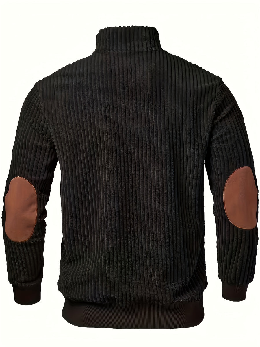 Men's Half-Zip Stand Collar Sweater Jacket - Brown/Black Contrast, Front Zipper Pocket and Vintage Casual Long Sleeve Pullover, Machine Washable Winter Warm Coat, Suitable for Office to Party Wear - Black
