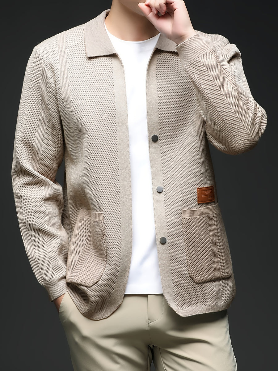 [Wading Whale OBM] Spring/Summer New Men'S Knit Cardigan, Old Money Style Solid Color V-Neck Long Sleeve Open Front Sweater Jacket with Single Button Closure And Side Pockets, Suitable for Spring And Autumn Layering Or Outerwear - Apricot