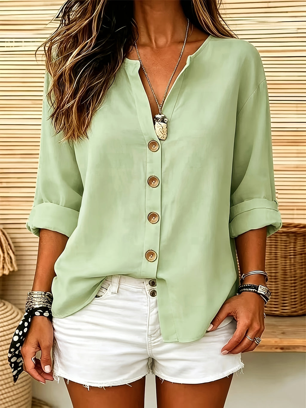 Solid Color Shirt, Round Neck Button-Up, Loose Fit, Casual Wear, Spring Summer Women'S Shirt - Green