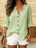 Solid Color Shirt, Round Neck Button-Up, Loose Fit, Casual Wear, Spring Summer Women'S Shirt - Green