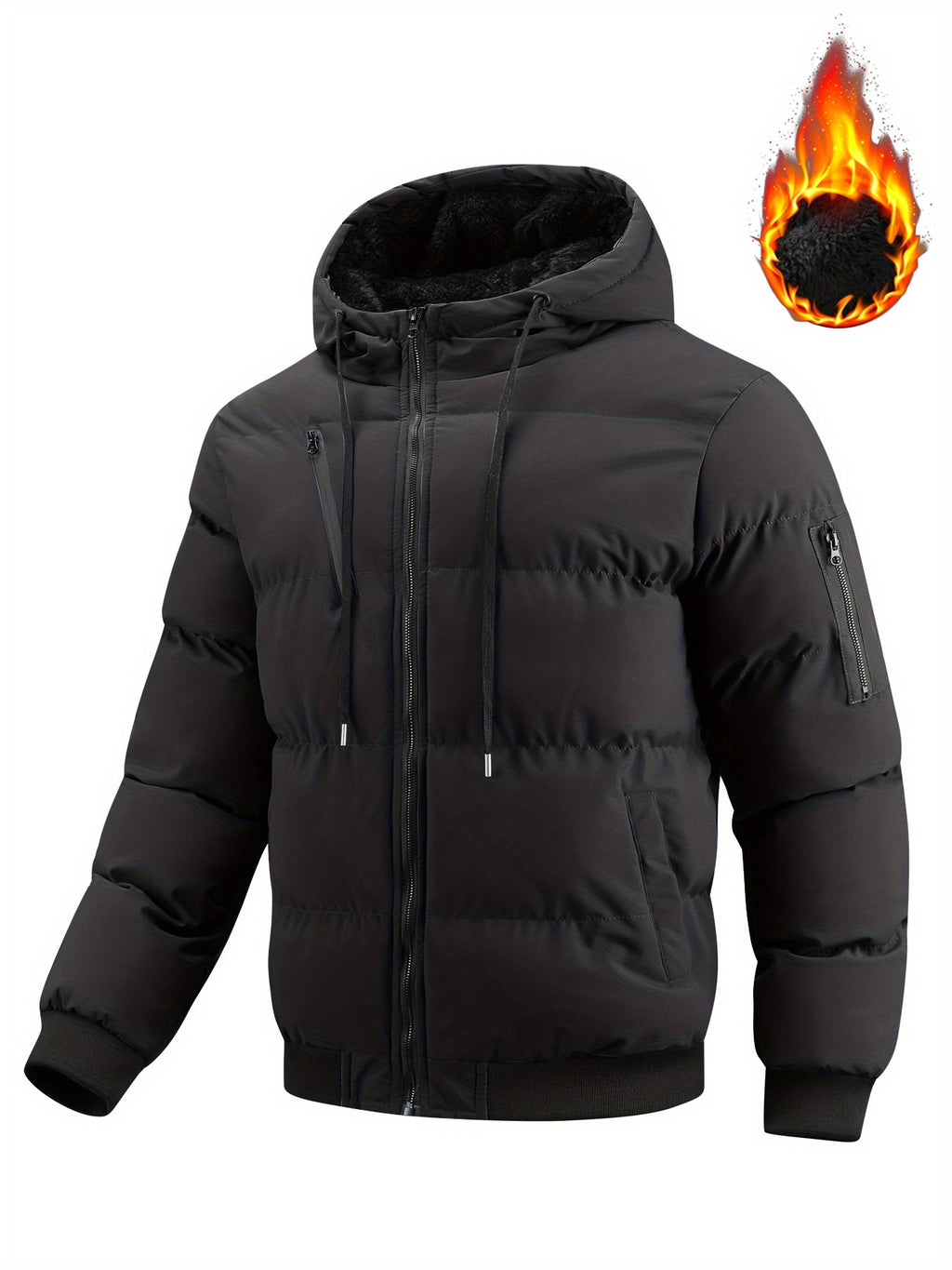 Winter Plush Jacket Thick Warm Jacket Hooded Jacket Casual Outdoor Jacket Solid Color Zipper with Plush Thickening - Black
