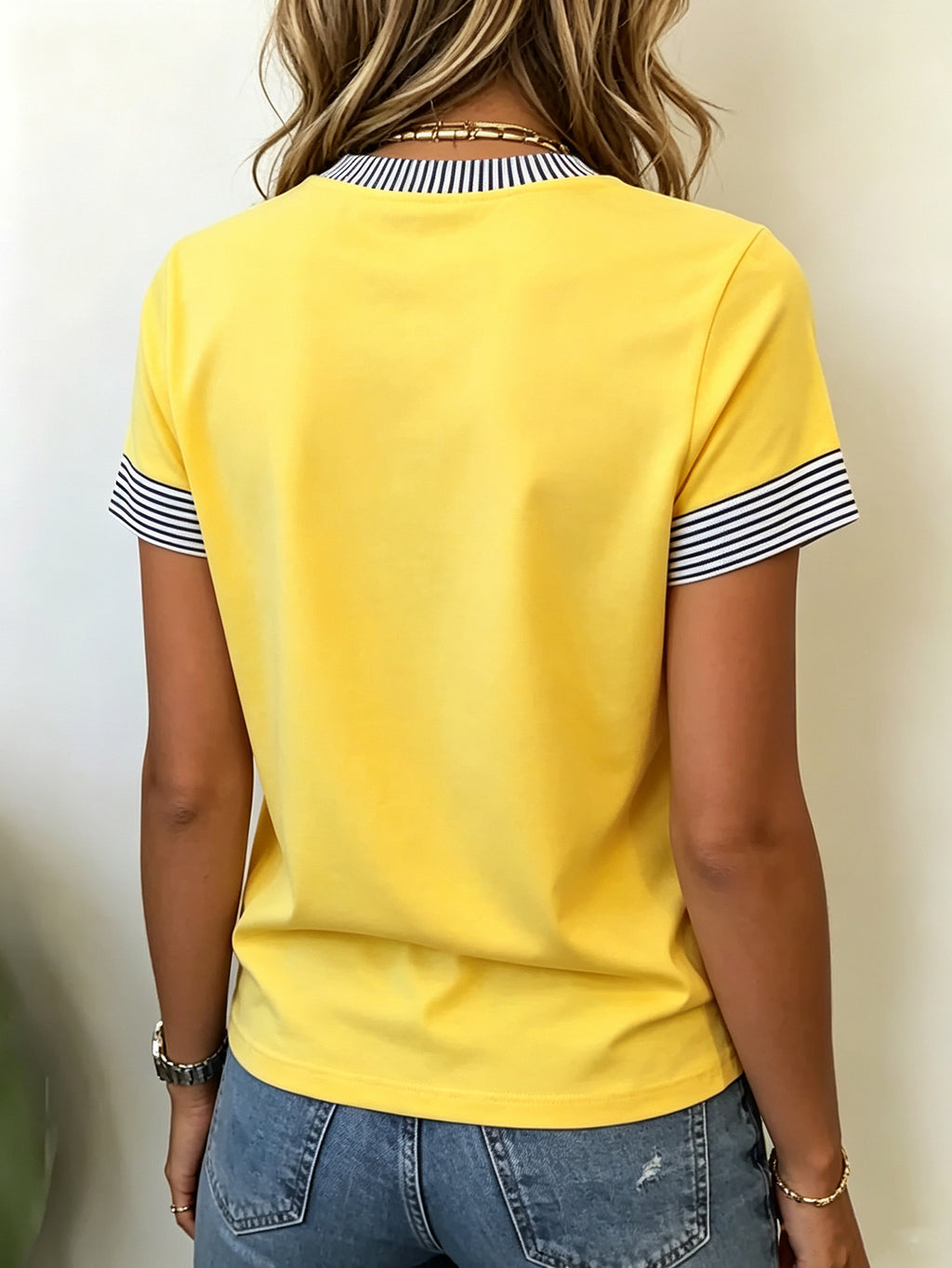 Striped Contrast Print Round Neck Short Sleeve T-Shirt, Women'S Easy Navy Small Heart Print Loose Casual Top - Yellow