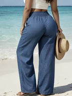 Women's High-Waisted Wide-Leg Trousers - Elastic Waist Drawstring Pants Suitable for Beach, Travel & Vacation Wear, Loose Flowy Non-Stretch Machine Washable Solid Color Bottoms, -Season Elastic Waistband for Casual and Resort Outfits - Peacock Blue