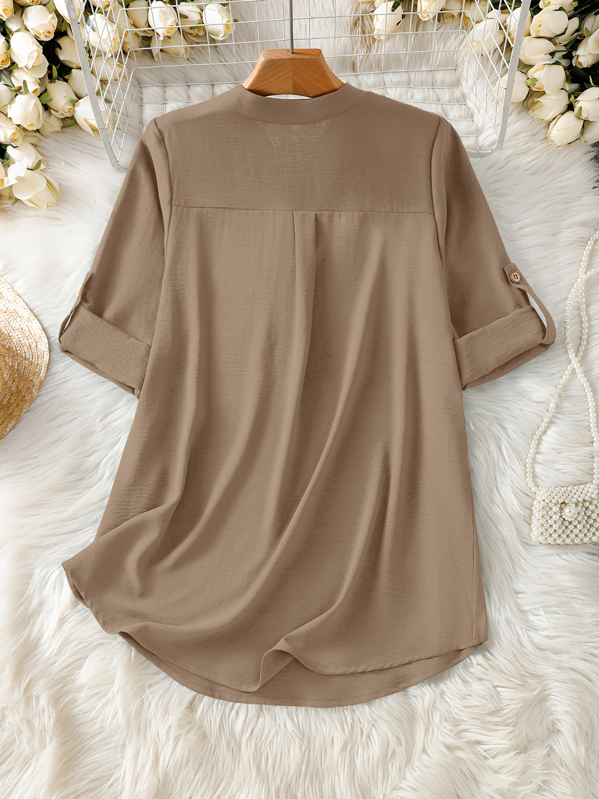 Elegant Women's Simple Casual Daily Short-Sleeve Solid Color Shirt, Spring/Summer Fashion Casual Outing Shirt, BK0608018 - Khaki