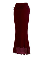 Women's Drawstring Mesh Midi Skirt - Burgundy
