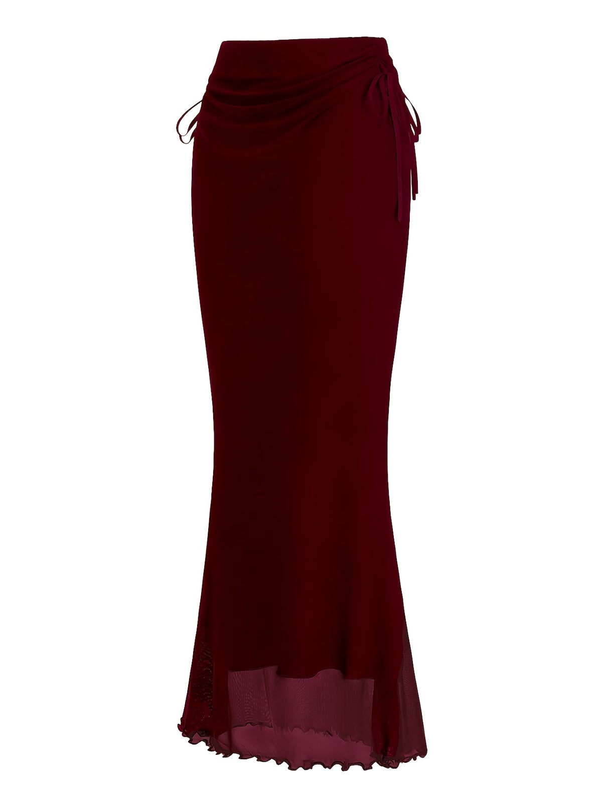 Women's Drawstring Mesh Midi Skirt - Burgundy