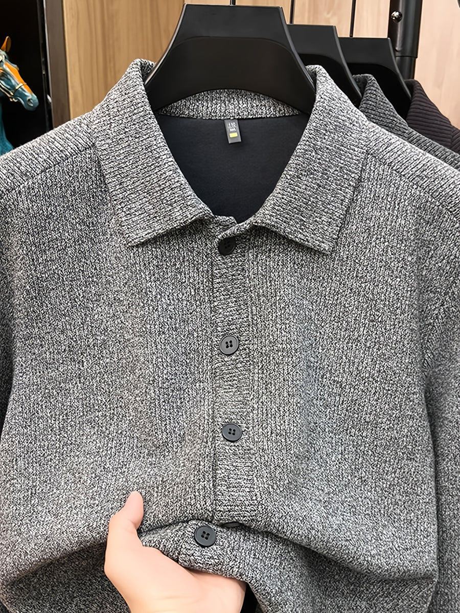 Men'S Lapel Knit Cardigan Jacket, Shirt-Style Knit Outerwear, Relaxed Fit, Business Casual. - SINBOS - Light Grey