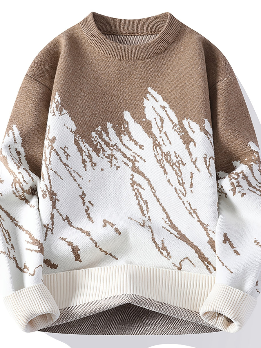 Men's Gradient Color Sweater Ombre Sweater Suitable for Autumn/Winter, Crew Neck Contrast Color Blending Top, Casual Versatile Blending Sweater for Office & Casual Attire, Warm Winter Sweater for Layering - Khaki