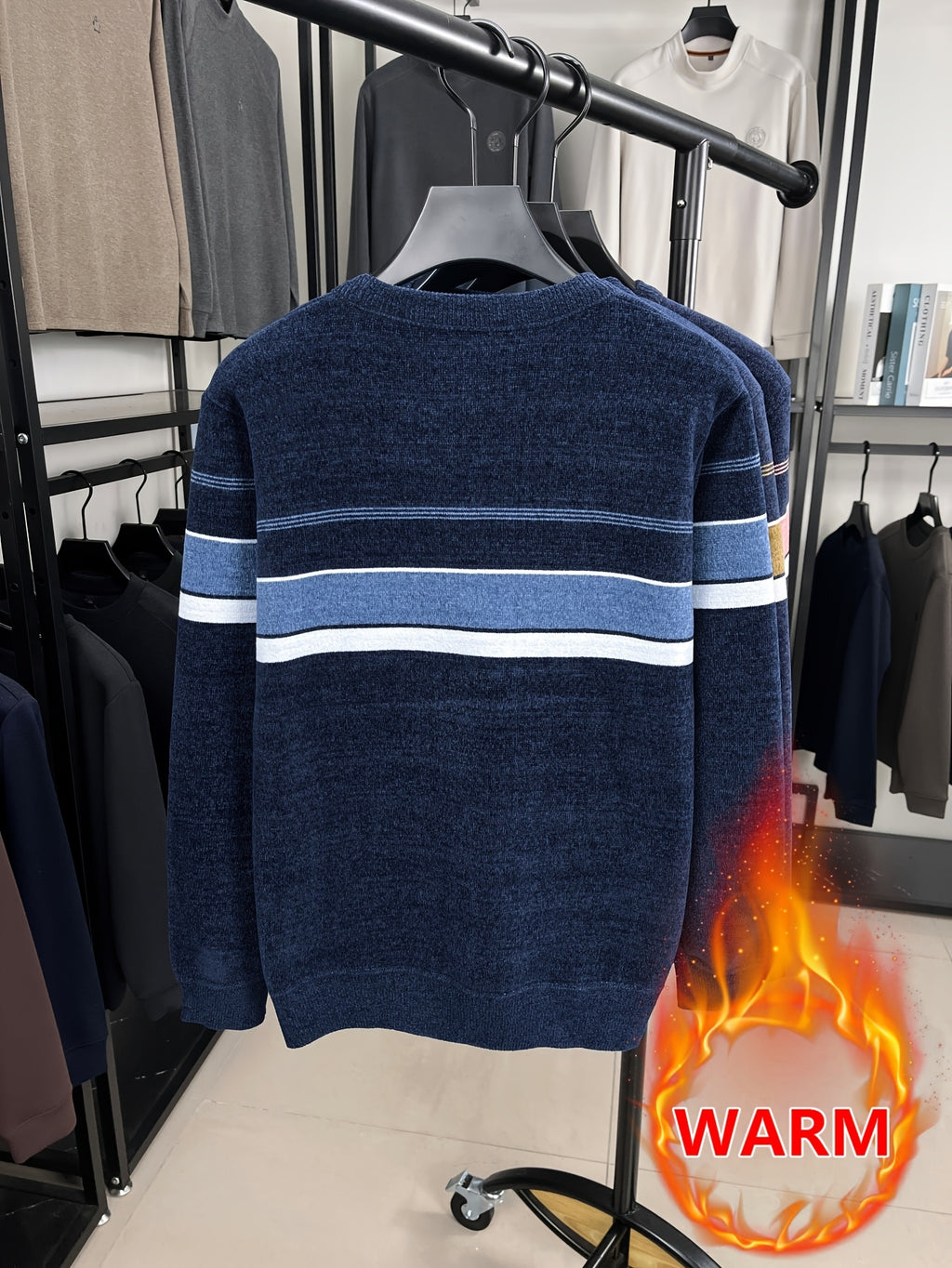 Minimalist Urban -Lined Crewneck Knit Sweater for Warm Daily Commuting - Blue
