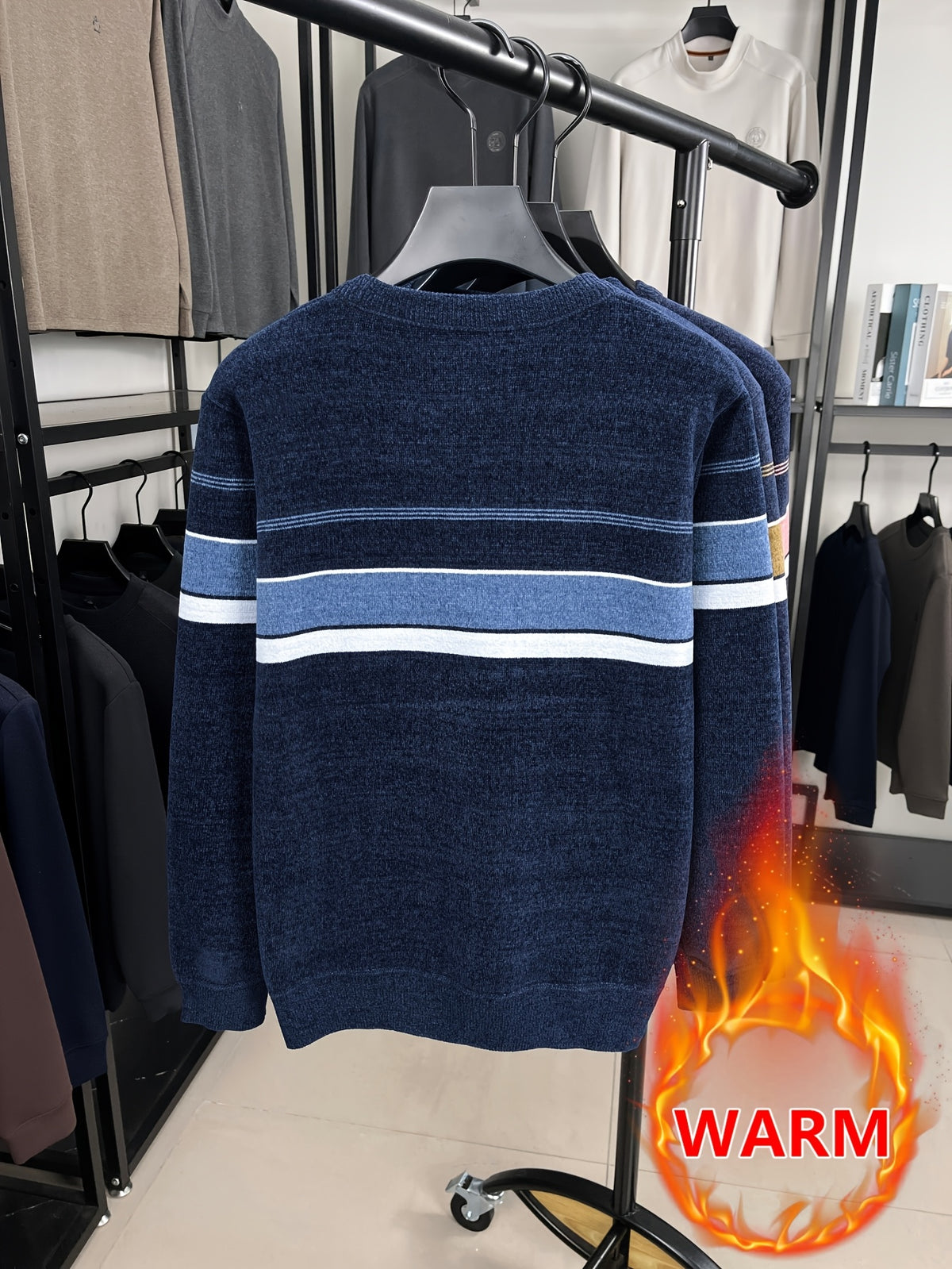 Minimalist Urban -Lined Crewneck Knit Sweater for Warm Daily Commuting - Blue