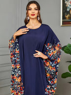 1pc Floral Print Crew Neck Abaya, Elegant Batwing Sleeve Split Maxi Dress, Women'S Clothing Maxi Abaya Dress Modest Prayer Dress for Muslim Women | Batwing Sleeves And Elegant Swing Hem for Everyday Outings And Travel Outfits - Navy Color