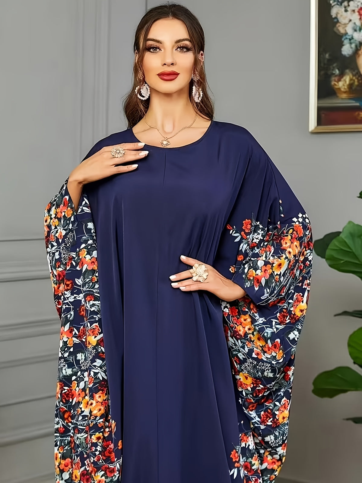 1pc Floral Print Crew Neck Abaya, Elegant Batwing Sleeve Split Maxi Dress, Women'S Clothing Maxi Abaya Dress Modest Prayer Dress for Muslim Women | Batwing Sleeves And Elegant Swing Hem for Everyday Outings And Travel Outfits - Navy Color