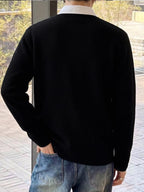 Stylish Men'S Color-Blocked Collar Long-Sleeve Knitted Polo Shirt with Casual Asymmetric Button Design - Black