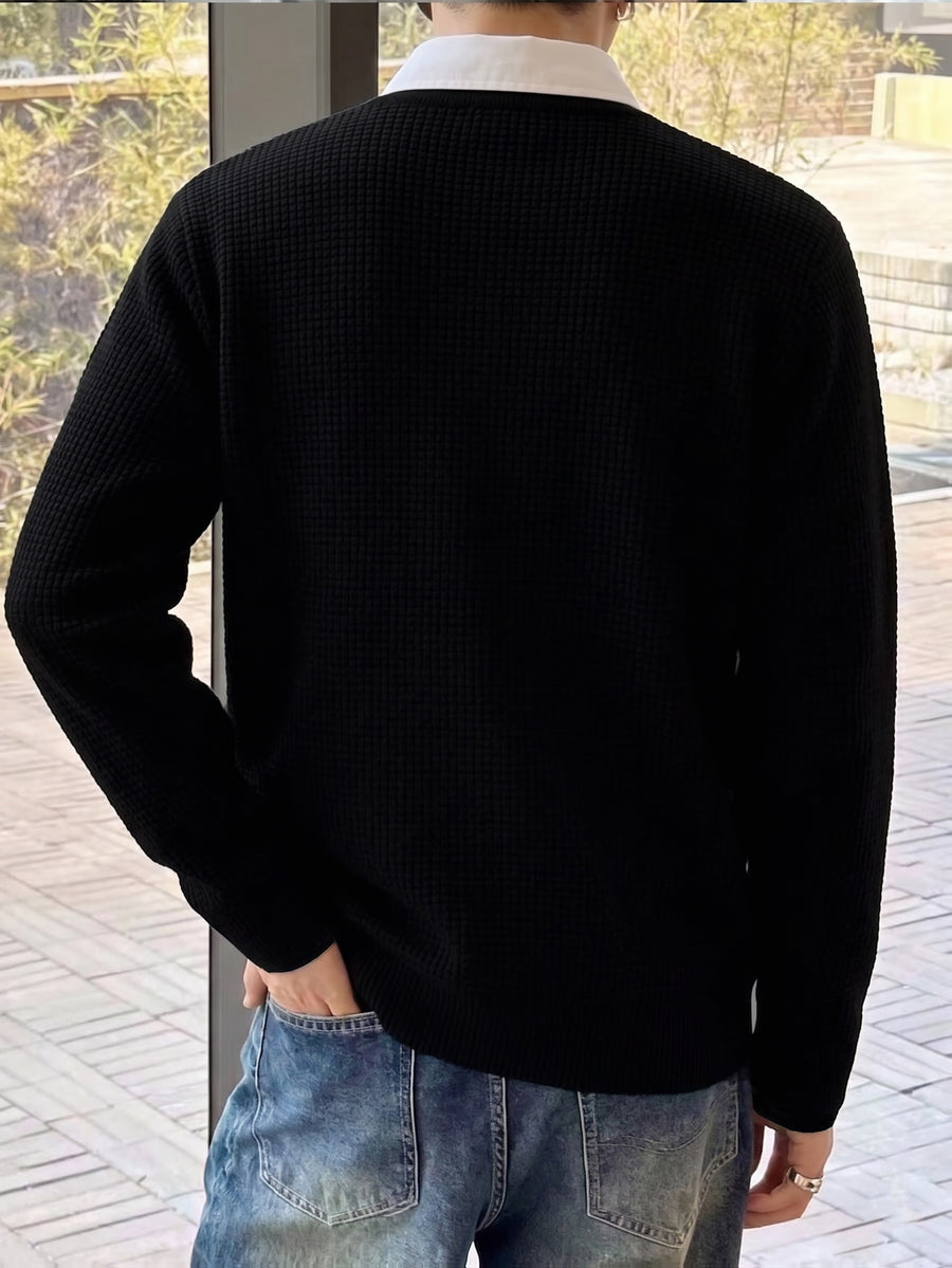 Stylish Men'S Color-Blocked Collar Long-Sleeve Knitted Polo Shirt with Casual Asymmetric Button Design - Black