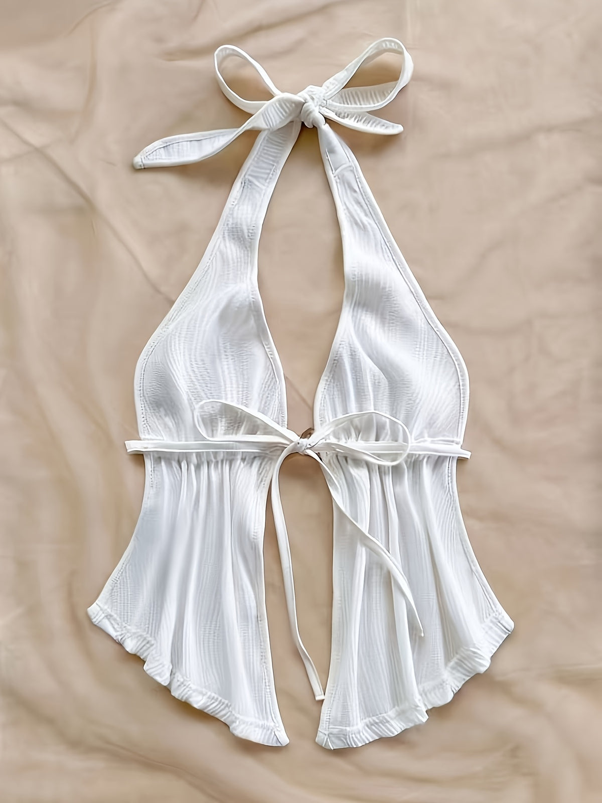 Sexy V-Neck Metallic Detail Backless Cami with Ruffled Hem Top - White