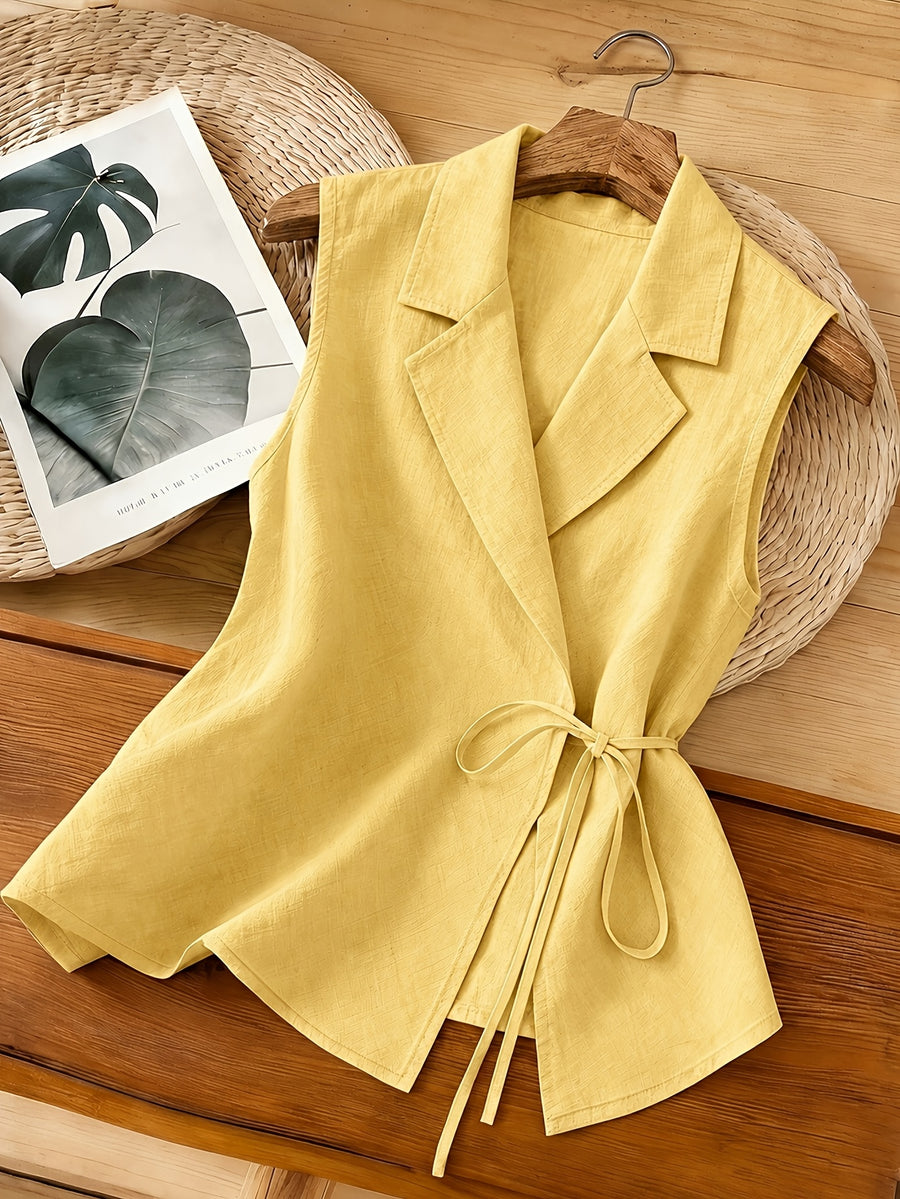 2026 New Sleeveless Vest, Lapel Tie-Waist Waist-Cinching Commuter Temperament Outer Top - Lemon Yellow