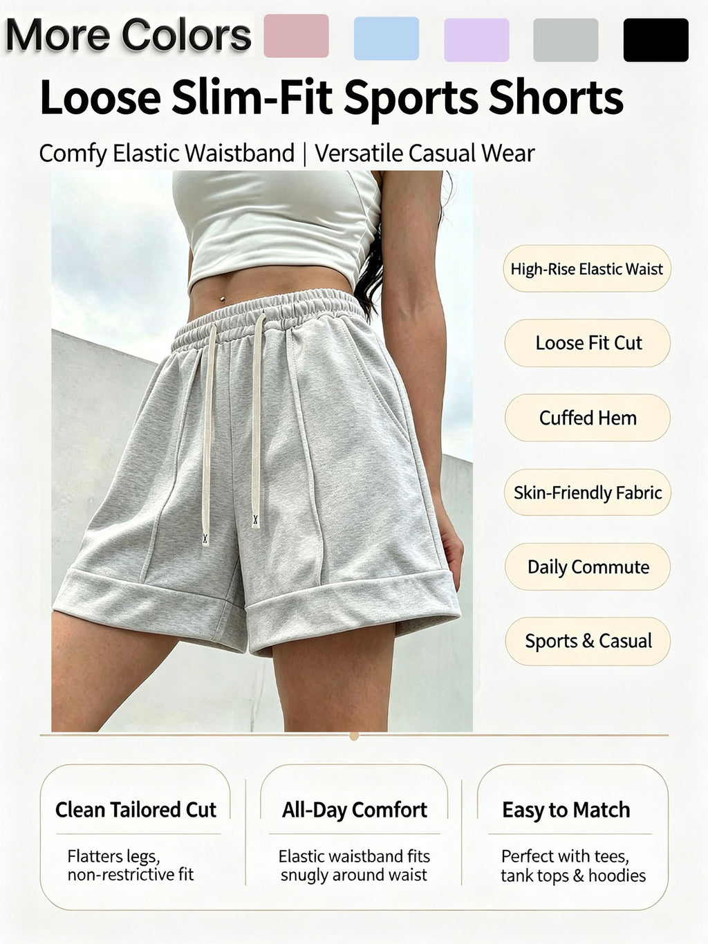 Women'S Solid Color Casual Shorts, Elastic Drawstring Waist Cuffed Hem Loose Shorts with Side Pockets, Breathable Sweatpants for Fitness, Vacation & Loungewear - Light Grey