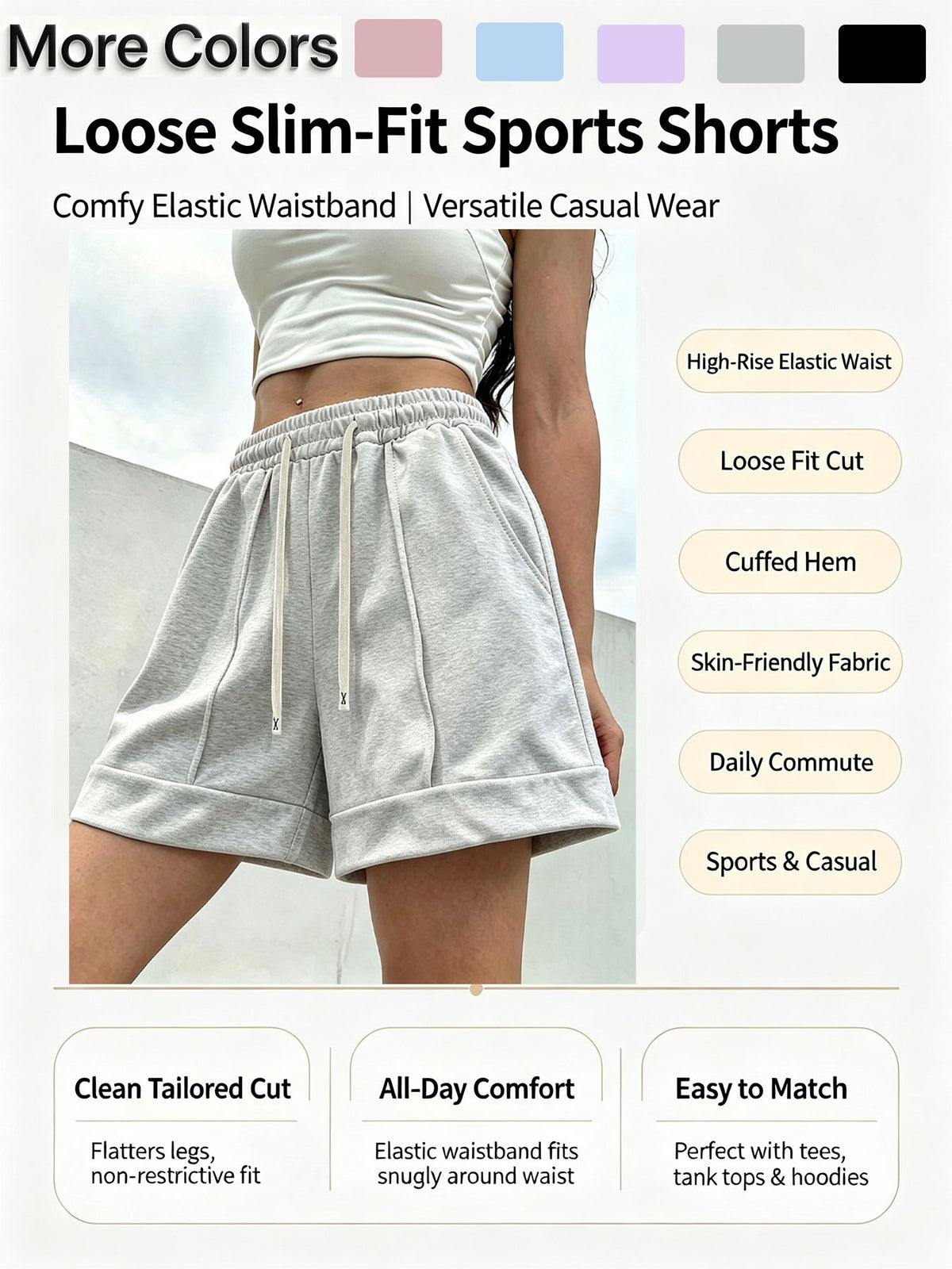 Women'S Solid Color Casual Shorts, Elastic Drawstring Waist Cuffed Hem Loose Shorts with Side Pockets, Breathable Sweatpants for Fitness, Vacation & Loungewear - Light Grey