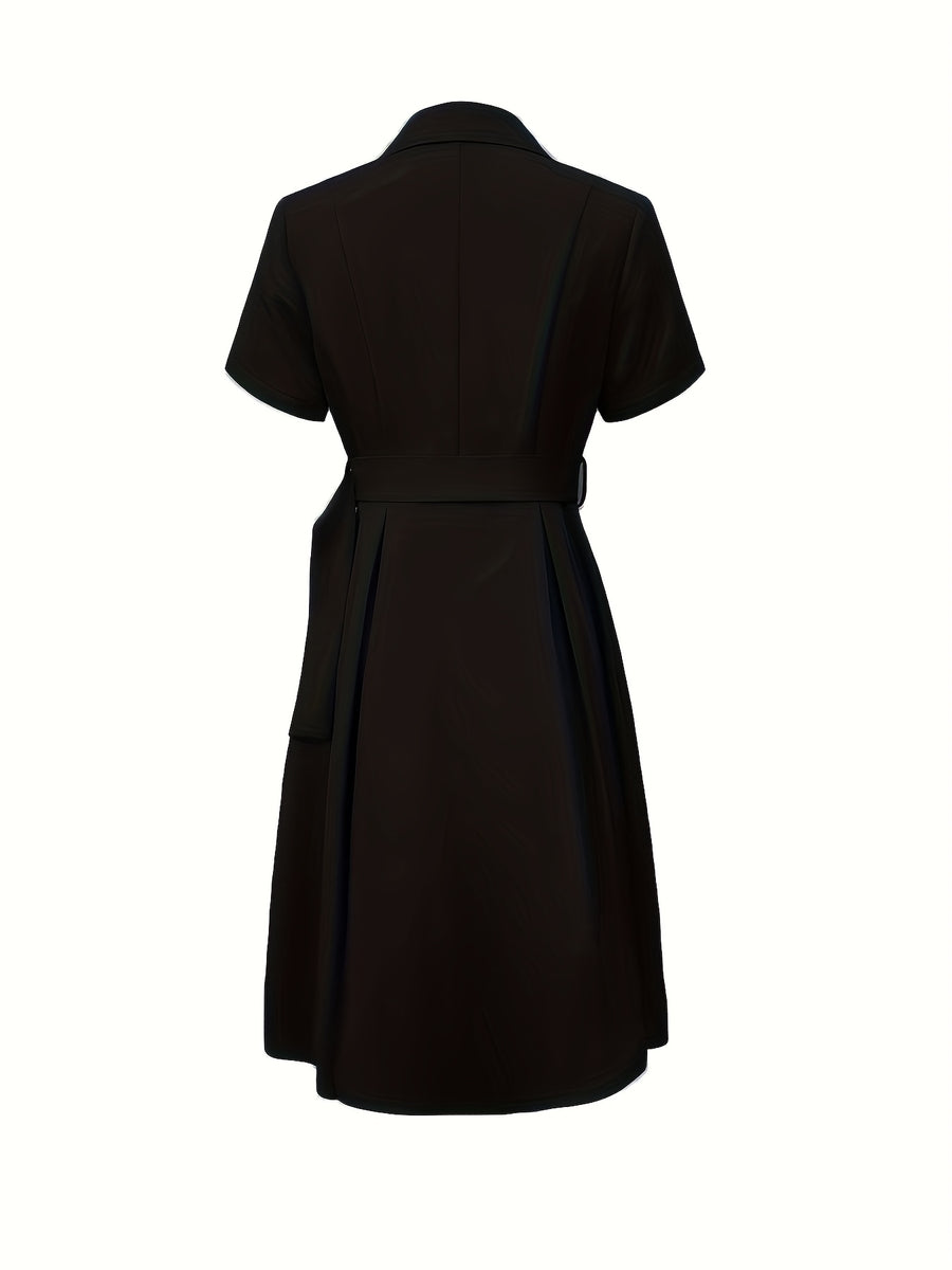 1pc Solid Color Flared Design Fashion Waist-Cinching Elegant Dress with Belt for Daily Wear and Parties NS702 - Black