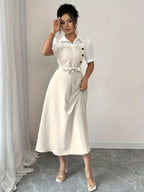 Elegant Romantic Vacation Commute Business Color Block Shirt Collar Mid-Length Dress - Apricot