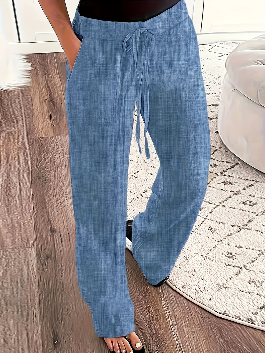 Stretch Elastic Waist Women's Pants with Insert Pockets, Simple and Versatile, 100% Polyester - Blue