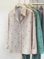 Women'S Heart Print Polo Collar Striped Shirt - Casual Collared Long Sleeve Blouse, Perfect for Spring Summer Fall Casual Wear - Khaki