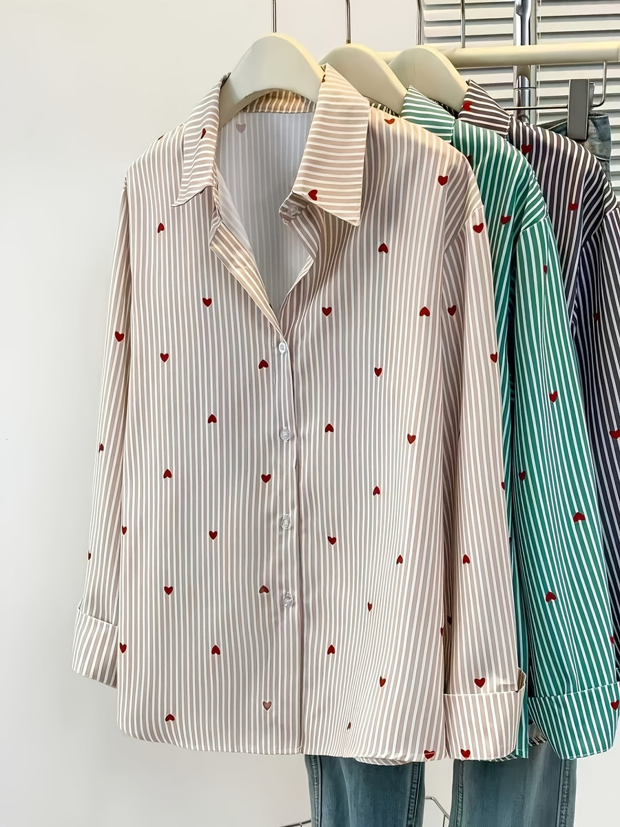 Women'S Heart Print Polo Collar Striped Shirt - Casual Collared Long Sleeve Blouse, Perfect for Spring Summer Fall Casual Wear - Khaki