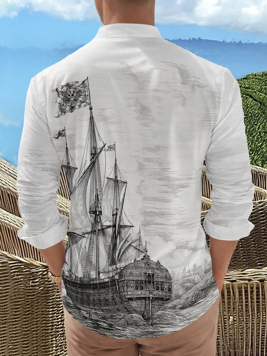 Men's 11-Row Button Long Sleeve Shirt Nautical Sailboat Print Stylish Stand Collar Casual Top Spring Autumn New Fashion Trendy Handsome Women's Clothing - Mixed colors