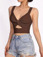 Spring Summer New Vest with Feminine V-Neck Hollow Out Exposed Navel Twist Small Vest Top - Dark Brown